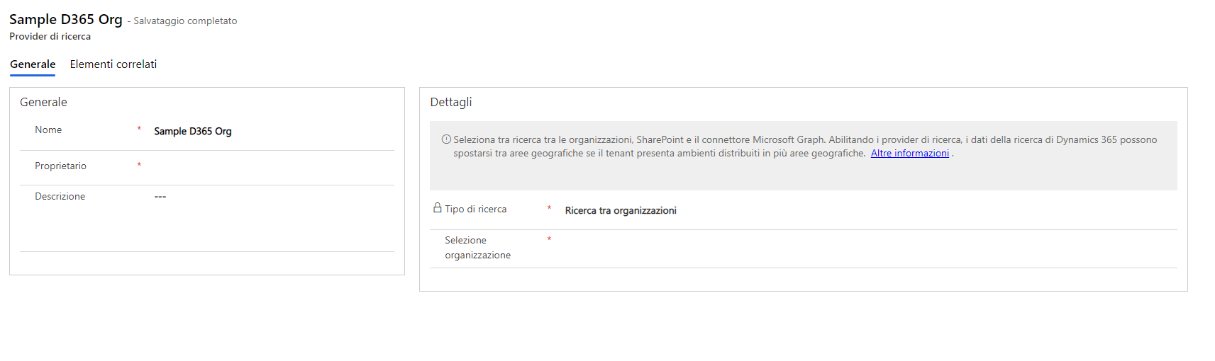 Screenshot di Tipo di ricerca impostato come Ricerca tra organizzazioni.