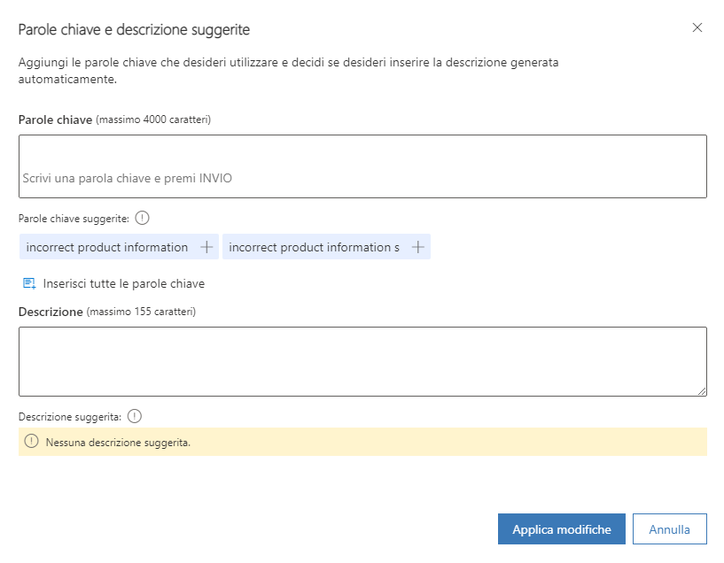 Screenshot della visualizzazione Parole chiave e descrizione suggerite.