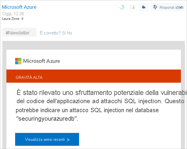 Screenshot shows an example notification warning from Microsoft Defender for Cloud.