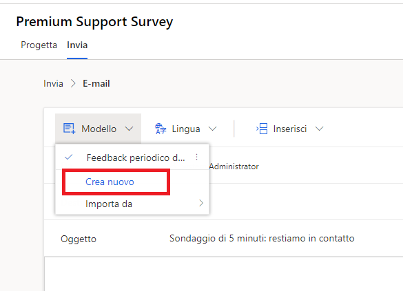 Screenshot che mostra il menu Modello aperto in un sondaggio in Dynamics 365 Customer Voice. L'opzione Crea nuovo è evidenziata.