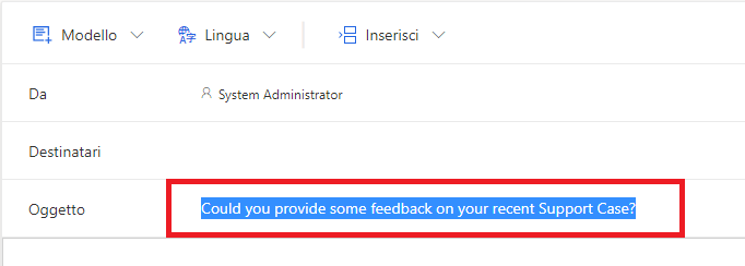 Screenshot che mostra un modello di messaggio e-mail per un sondaggio in Dynamics 365 Customer Voice. L'oggetto è evidenziato.