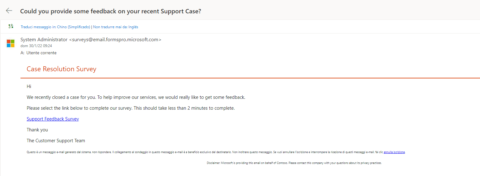 Screenshot che mostra un messaggio e-mail inviato da Dynamics 365 Customer Voice e ricevuto da un contatto.