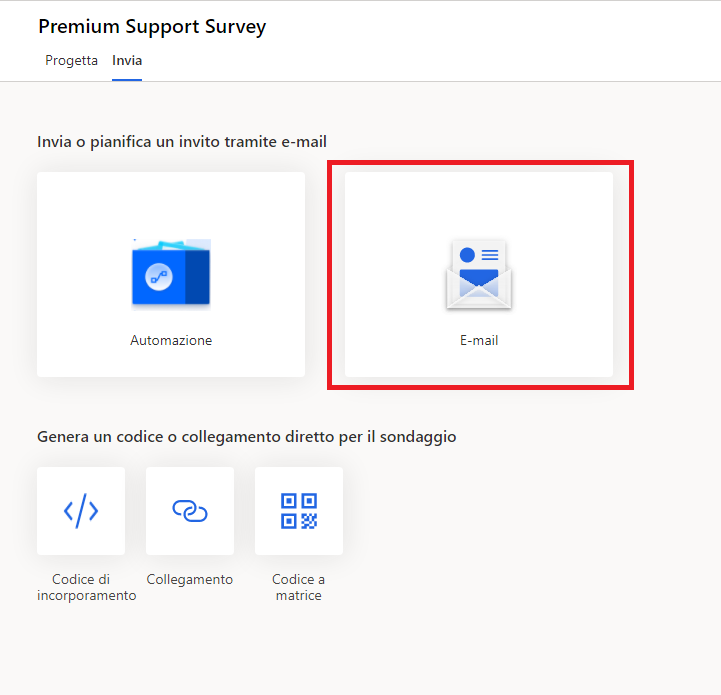 Screenshot che mostra la scheda Invia in un sondaggio Dynamics 365 Customer Voice. La sezione E-mail è evidenziata.