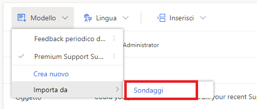 Screenshot che mostra il menu Modello aperto per un sondaggio in Dynamics 365 Customer Voice. Il menu a comparsa Importa modulo è aperto e l'opzione Sondaggi è evidenziata.