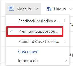 Screenshot che mostra il menu Modello aperto con un elenco di modelli di messaggi e-mail disponibili. Il modello di messaggio e-mail Sondaggio su assistenza Premium è evidenziato.