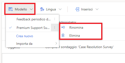 Screenshot che mostra il menu Modello aperto in un sondaggio con il modello Sondaggio su assistenza Premium. Le opzioni di menu per rinominare o elimina il modello sono evidenziate.