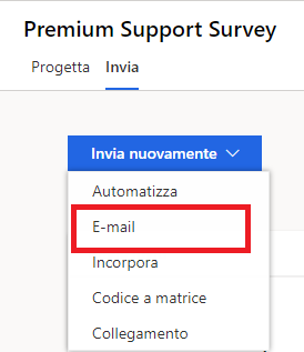 Screenshot che mostra la scheda Invia di un sondaggio con il menu Invia nuovamente evidenziata. La sezione E-mail è evidenziata.