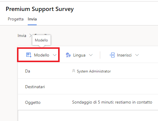 Screenshot che mostra il menu E-mail in un sondaggio in Dynamics 365 Customer Voice. Il menu Modello è evidenziato.