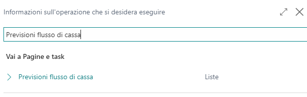Screenshot della ricerca previsione flusso di cassa tramite Dimmi.