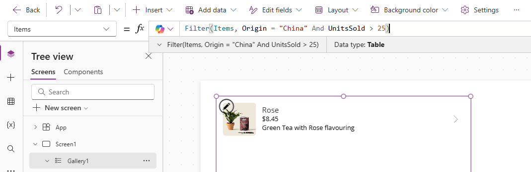 Screenshot che mostra l'elemento selezionato nell'app.