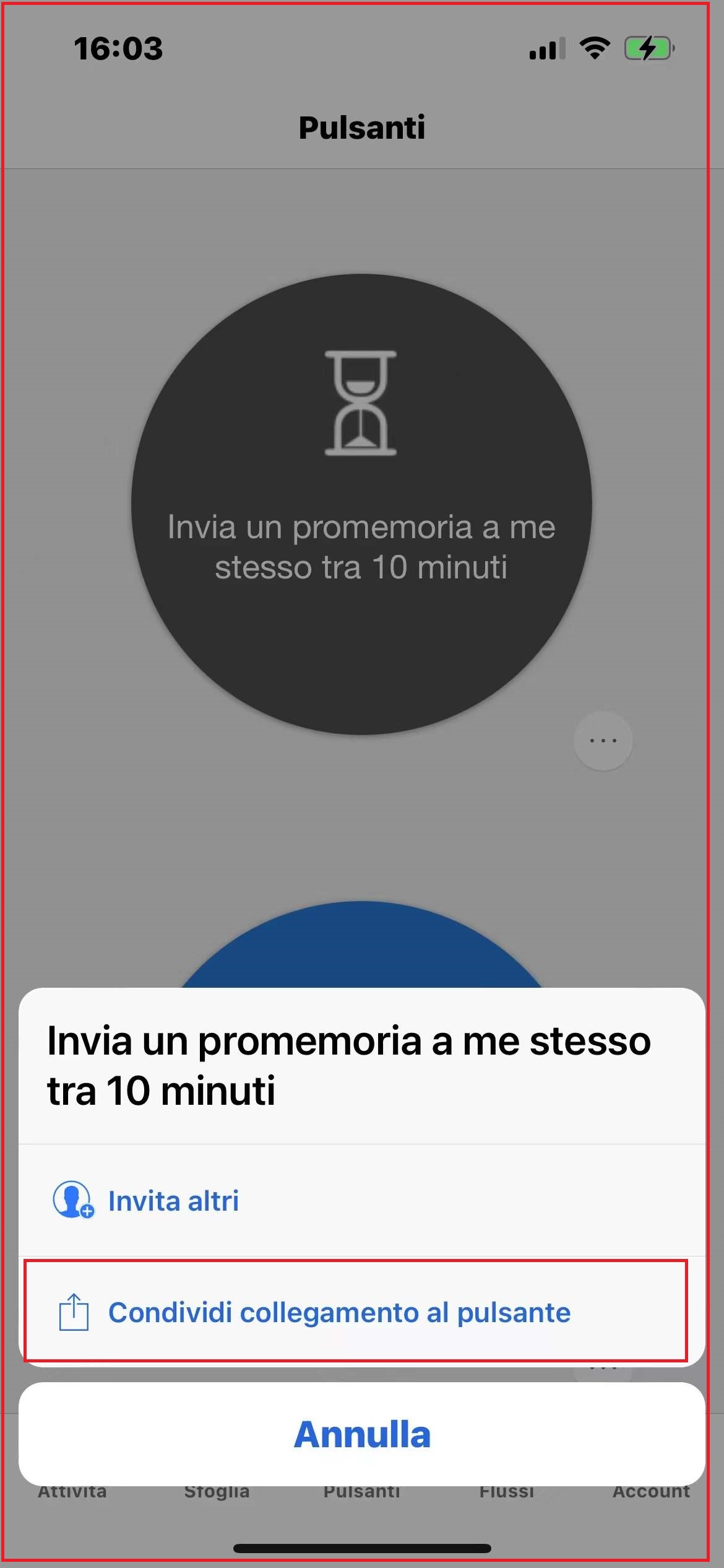 Screenshot di Condividi collegamento al pulsante nell'app per dispositivi mobili.