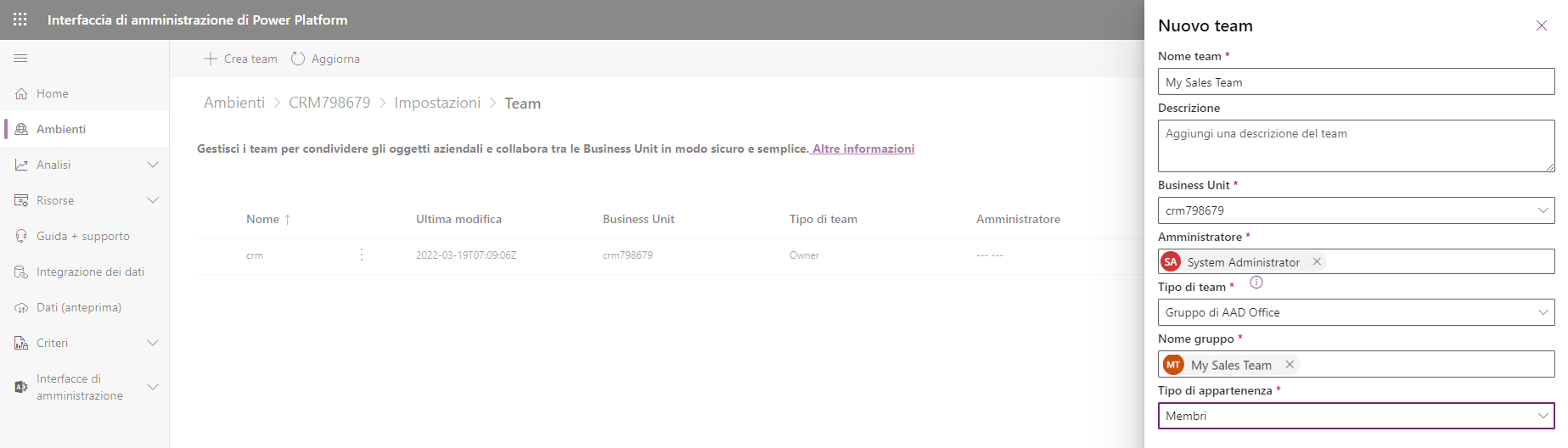Screenshot che mostra il processo di creazione di un nuovo team e la sua associazione a un gruppo di Office nell'interfaccia di amministrazione di Microsoft Power Platform.