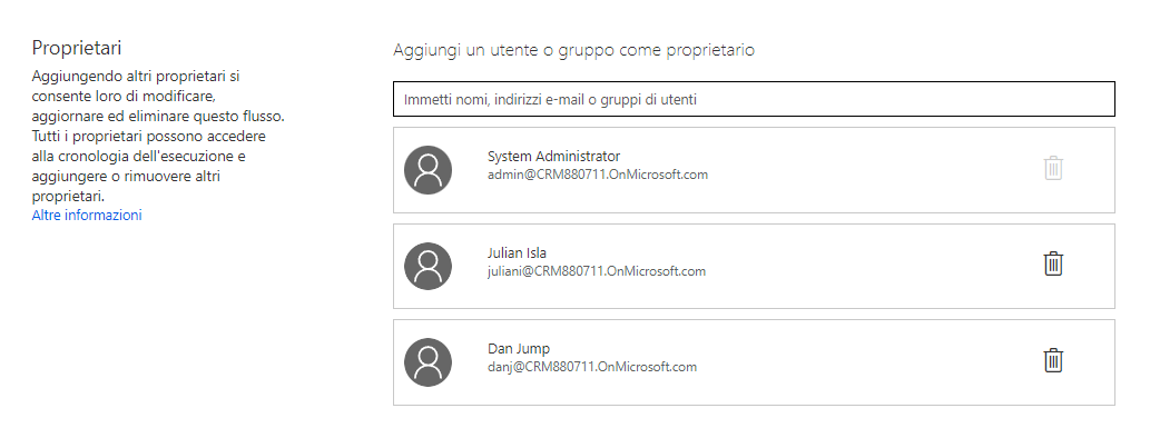 Screenshot che mostra l'elenco dei proprietari a cui è possibile aggiungere utenti o gruppi.