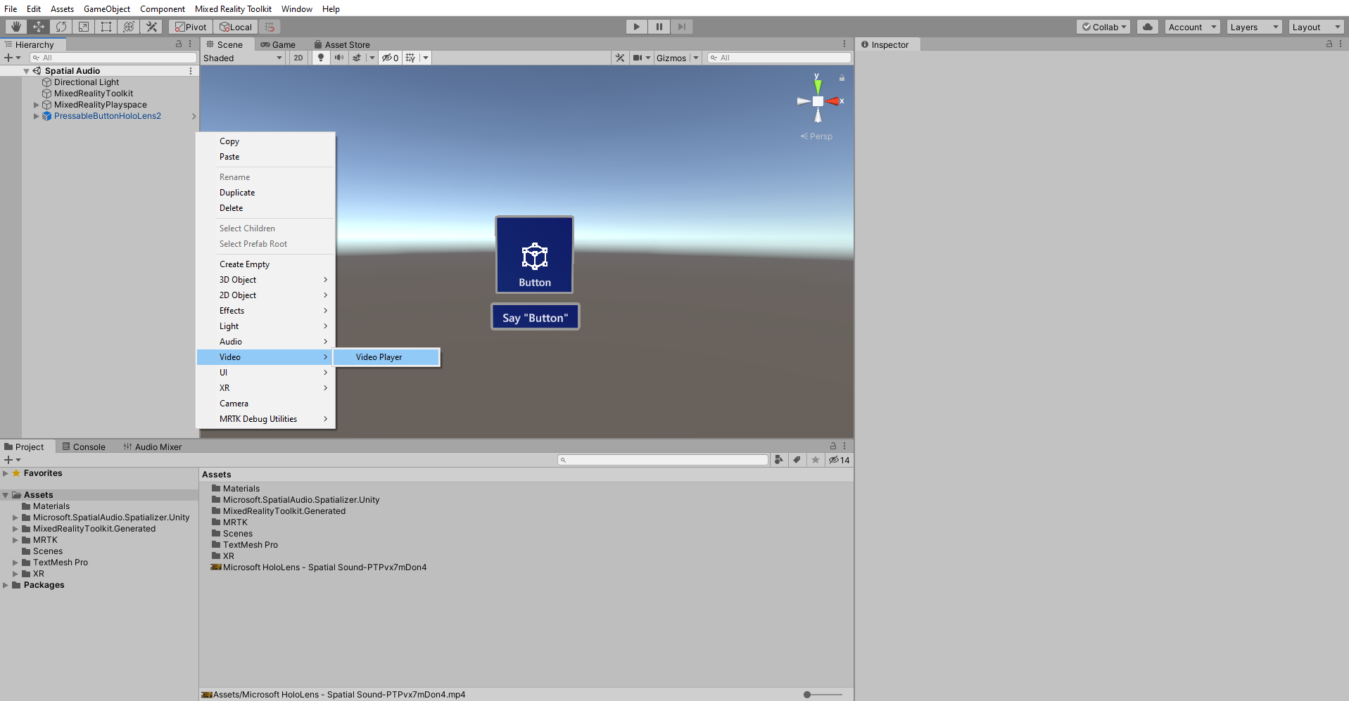 Screenshot of adding a Video Player.