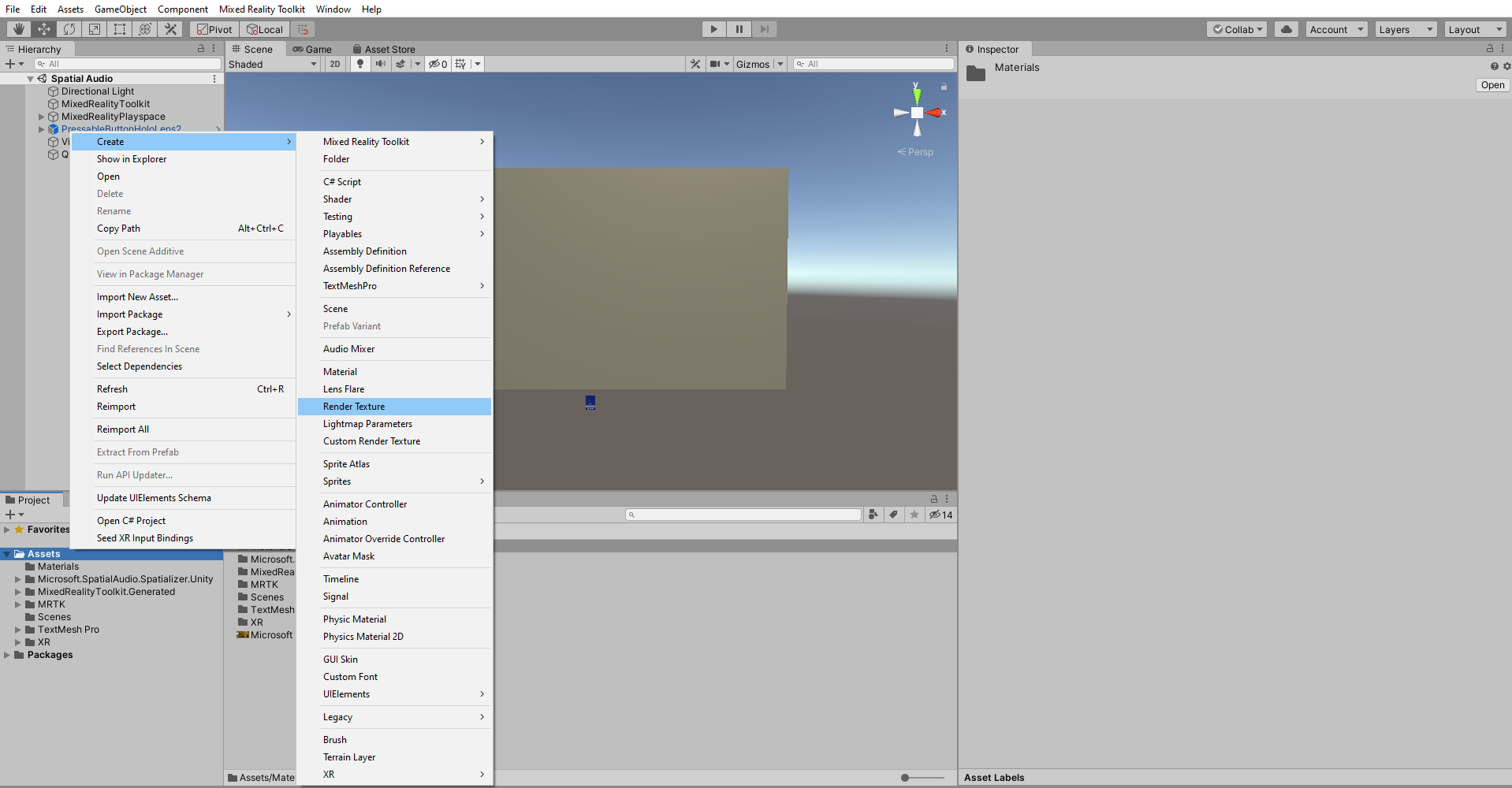 Screenshot of creating a Render Texture.