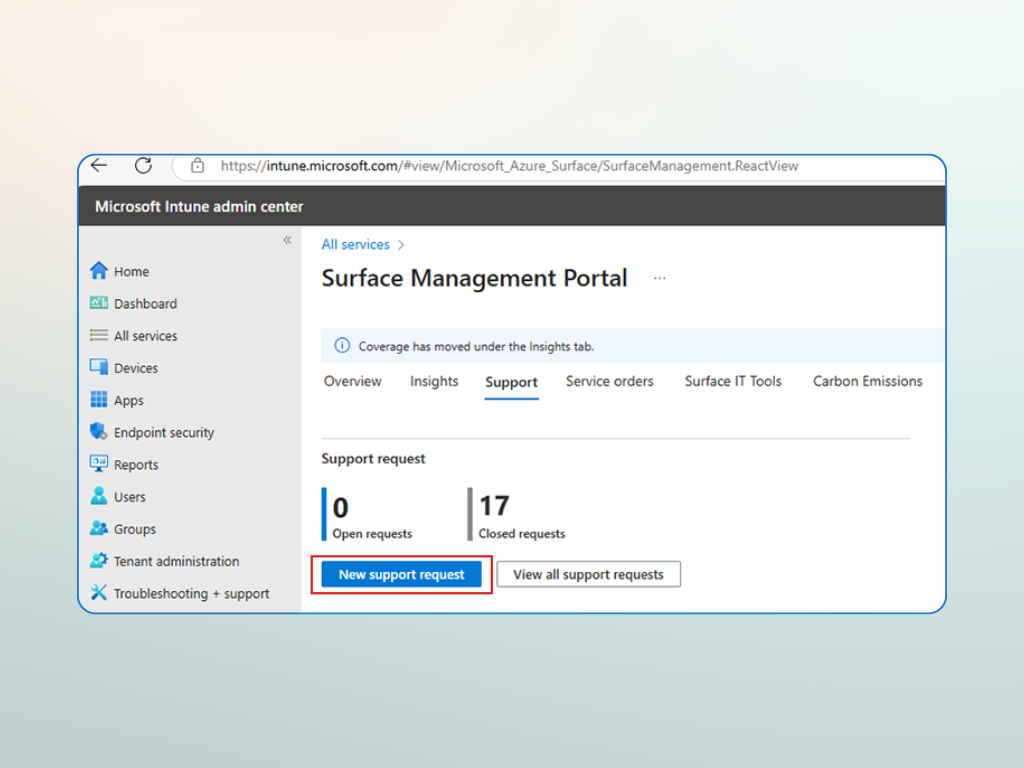 Screenshot della creazione di una richiesta di supporto nel portale di gestione di Surface.