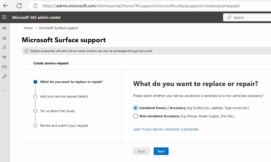 Screenshot del flusso di richieste di supporto nell'interfaccia di amministrazione di Microsoft 365 e nel portale di supporto di Surface.