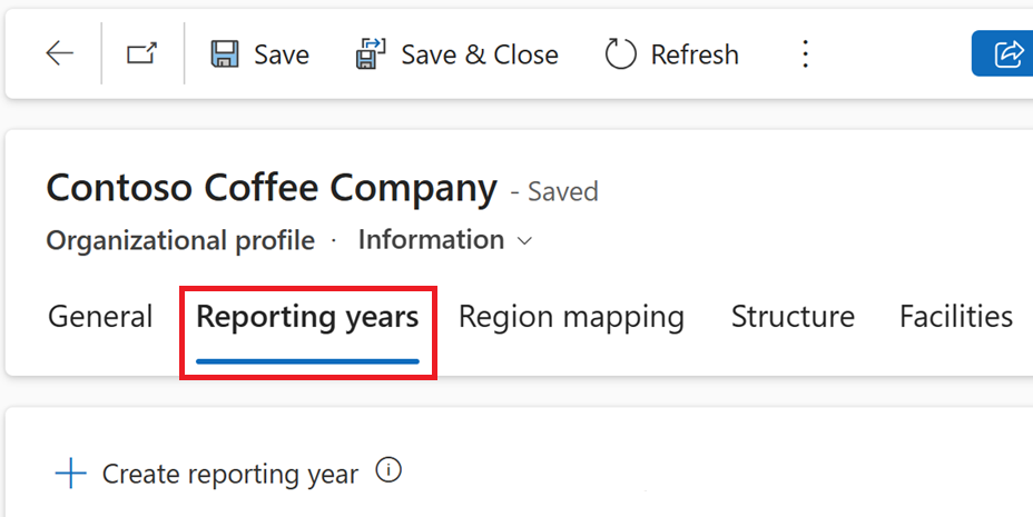 Screenshot of the Reporting years tab.