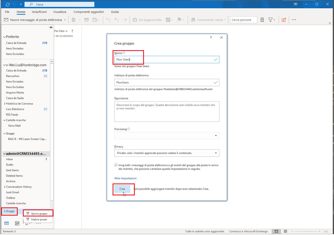Screenshot di Outlook con la finestra di dialogo Nuovo gruppo aperta.