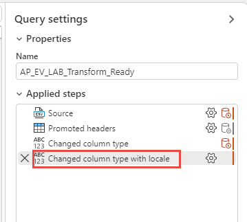 Screenshot del passaggio Cambia tipo di colonna con impostazioni locali.
