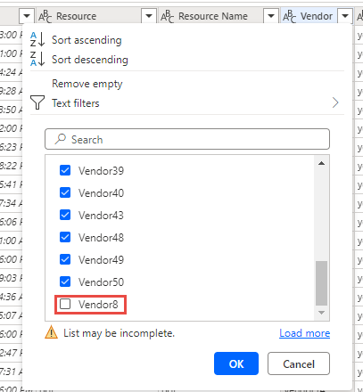 Screenshot della casella di controllo Vendor8 deselezionata.