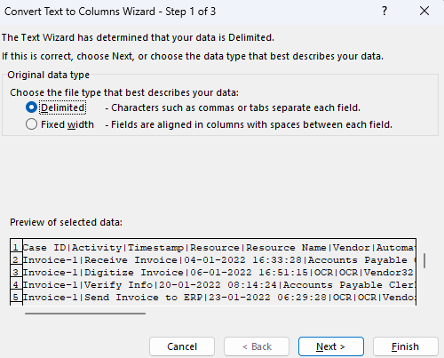 Screenshot del passaggio 1 di 3 della procedura guidata Converti testo in colonne.