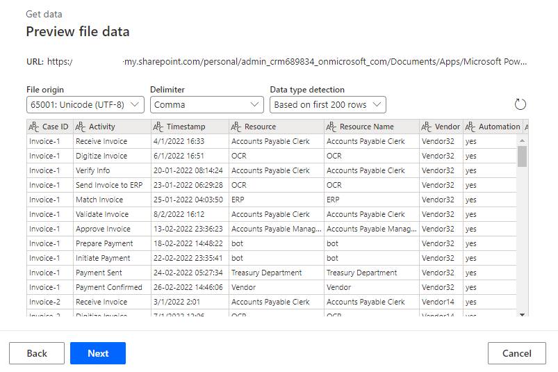 Screenshot dei dati di anteprima.