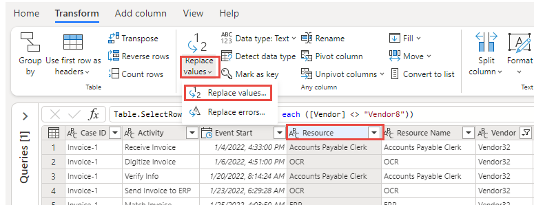 Screenshot dell'opzione Sostituisci valori.