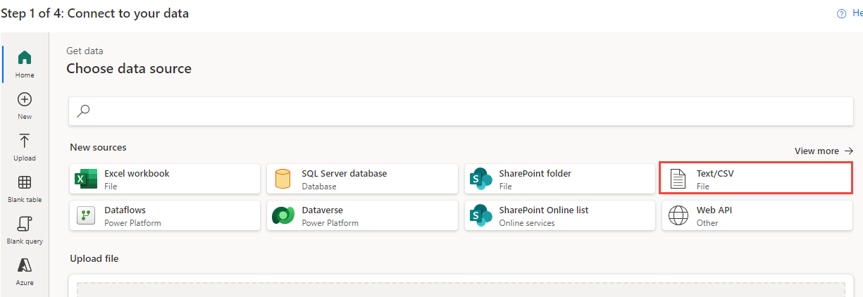 Screenshot dell'origine dati selezionata come Testo/CSV.