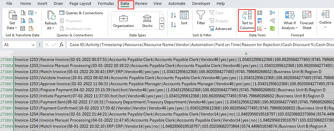 Screenshot della scheda Dati e del pulsante Testo in colonne.