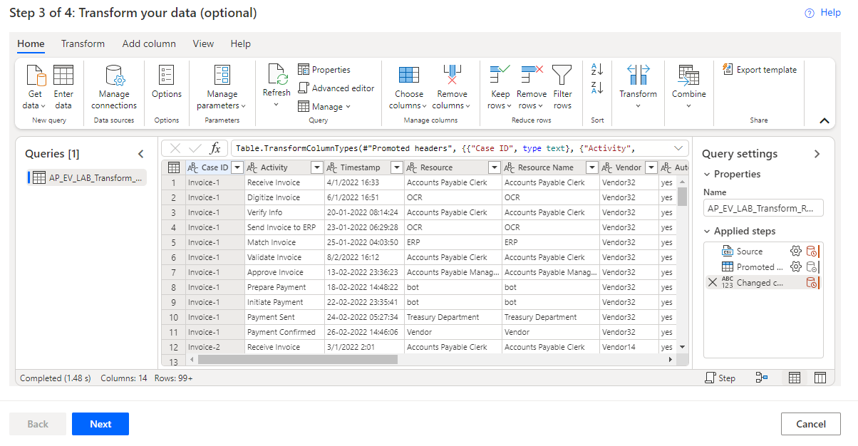 Screenshot della fase Trasforma dati.