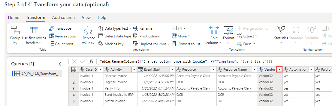 Screenshot del menu a discesa accanto all'intestazione della colonna Vendor.