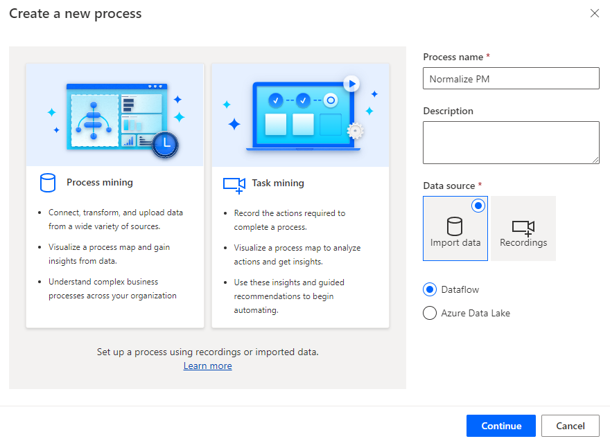 Screenshot della procedura guidata Crea un nuovo processo con Importa dati e Flusso di dati selezionati.