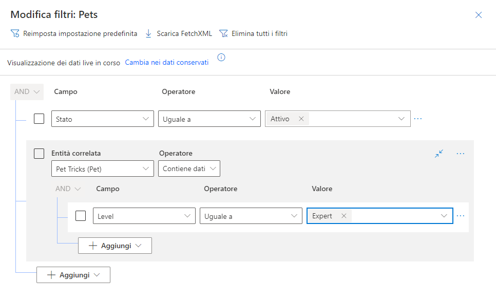 Screenshot dei filtri per la ricerca avanzata