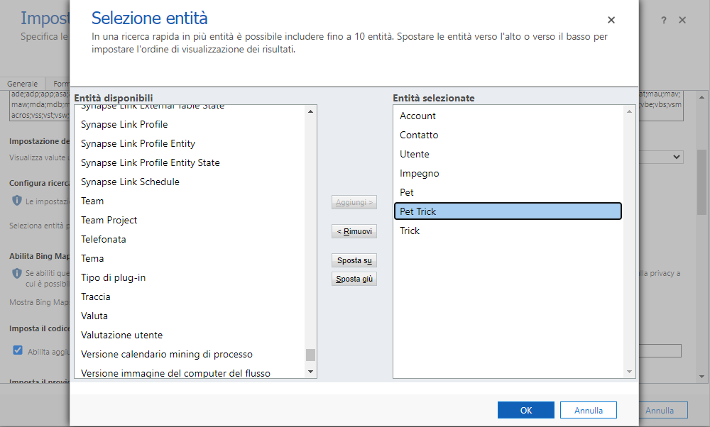 Screenshot di tabelle con ricerca categorizzata