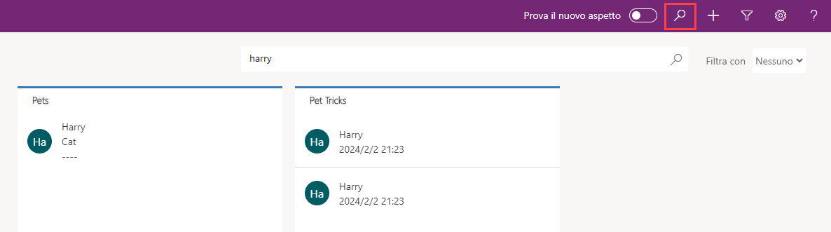 Screenshot della ricerca categorizzata