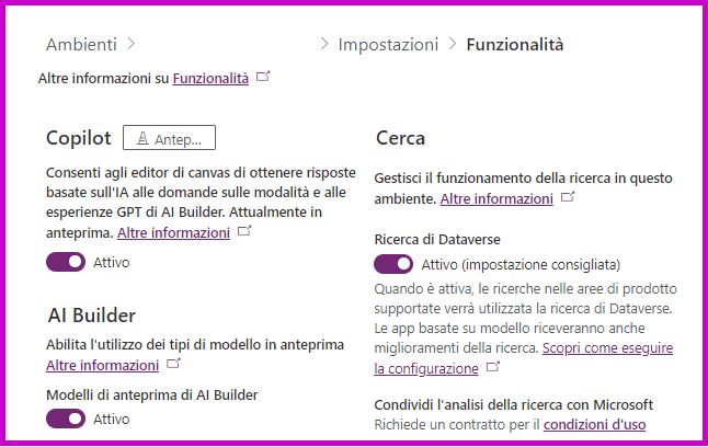 Screenshot dell'abilitazione la ricerca Dataverse in PPAC.