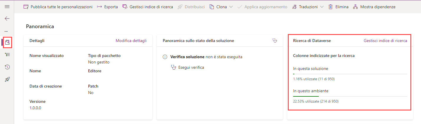 Screenshot della gestione l'indice di ricerca in una soluzione.