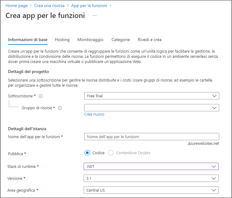 Screenshot della finestra Informazioni di base di App per le funzioni.