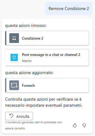 Screenshot che mostra la richiesta di Copilot con il risultato della rimozione di un passaggio di condizione.