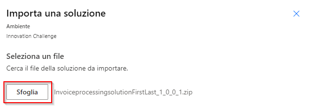 Screenshot della finestra di dialogo Importa una soluzione.