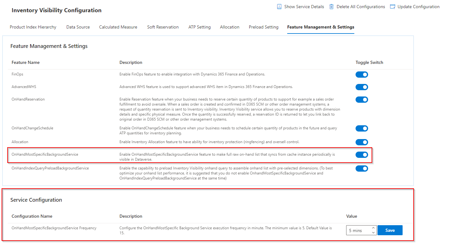 Screenshot della pagina Configurazione Visibilità inventario che mostra la scheda Gestione e impostazioni funzionalità.