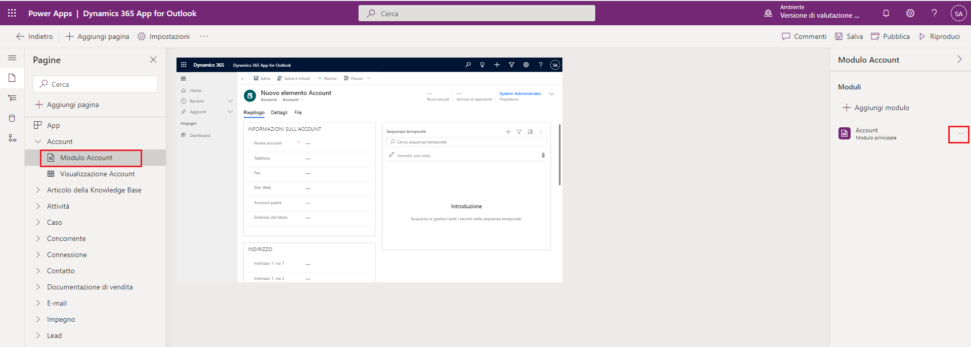 Screenshot del modulo Account selezionato e in fase di modifica.