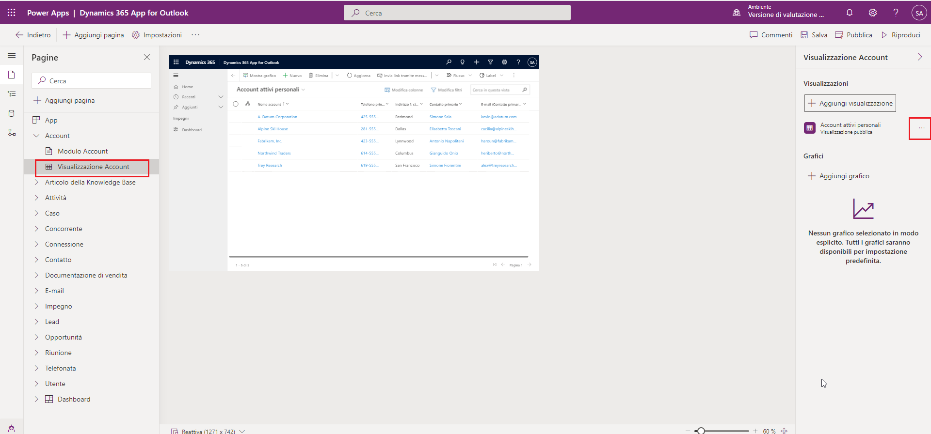 Screenshot della visualizzazione Account selezionata e in fase di modifica.