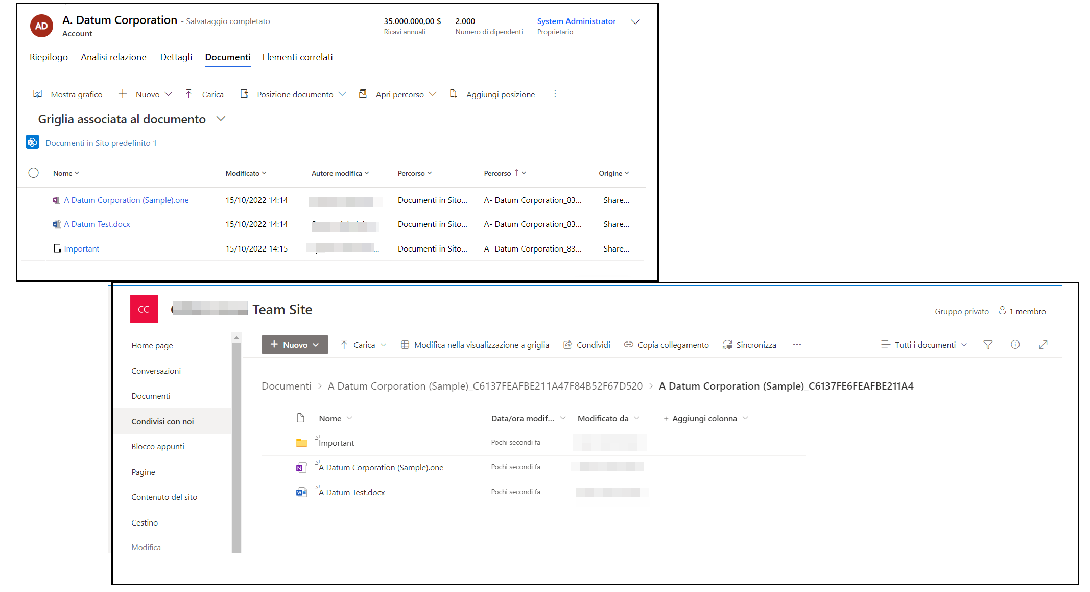Screenshot di un elenco di documenti associati a un account in Dynamics 365 e in SharePoint.