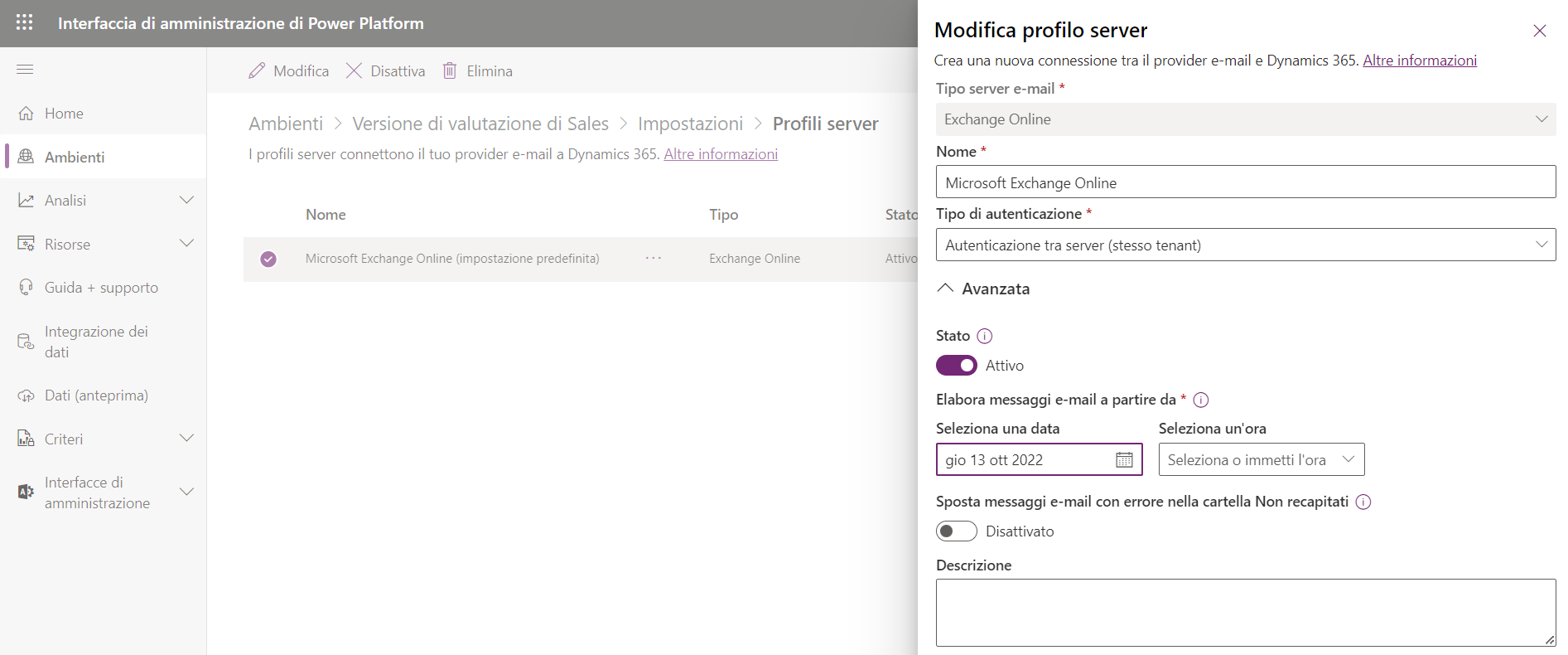Screenshot che mostra la schermata Modifica profilo server nella sezione Impostazioni avanzate.