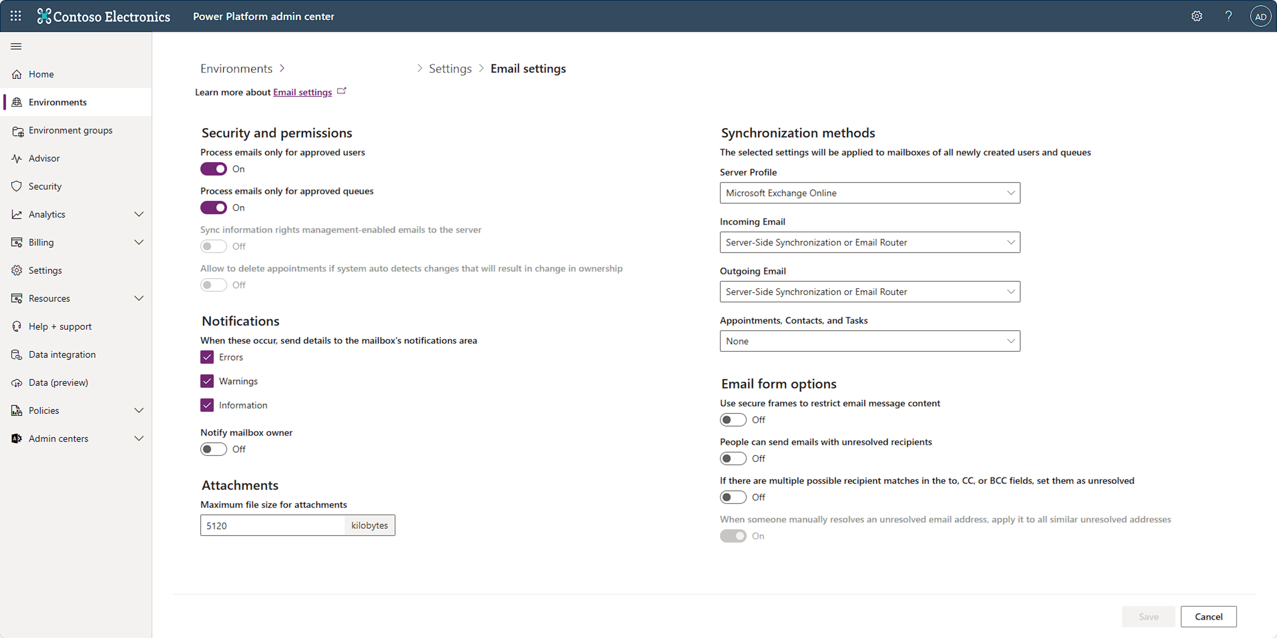Screenshot delle opzioni Impostazioni e-mail.