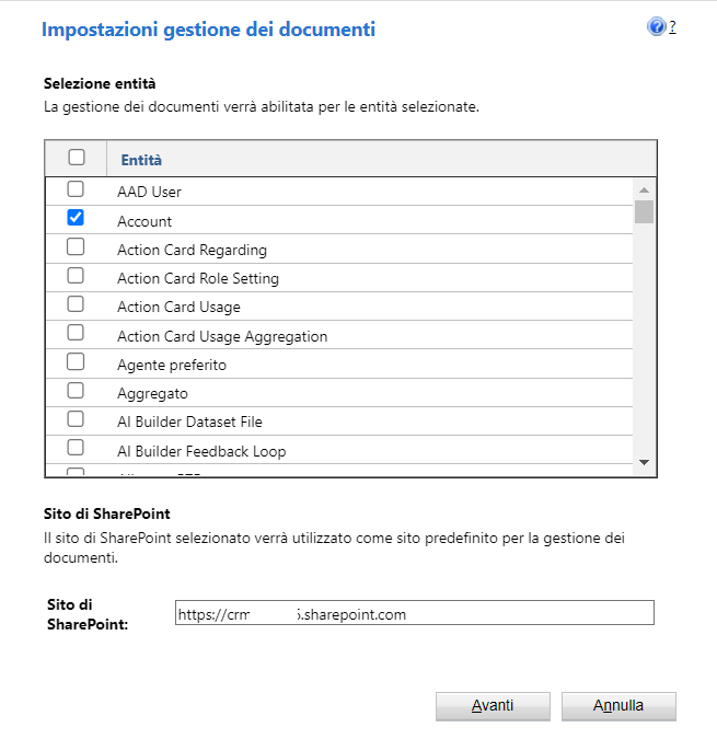 Screenshot della schermata Impostazioni gestione dei documenti con l'opzione per specificare le tabelle per abilitare la gestione dei documenti.