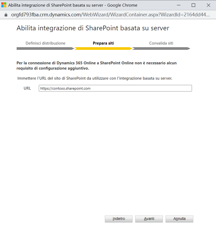 Screenshot di una finestra che mostra Abilita integrazione di SharePoint basata su server, nel passaggio Prepara siti.