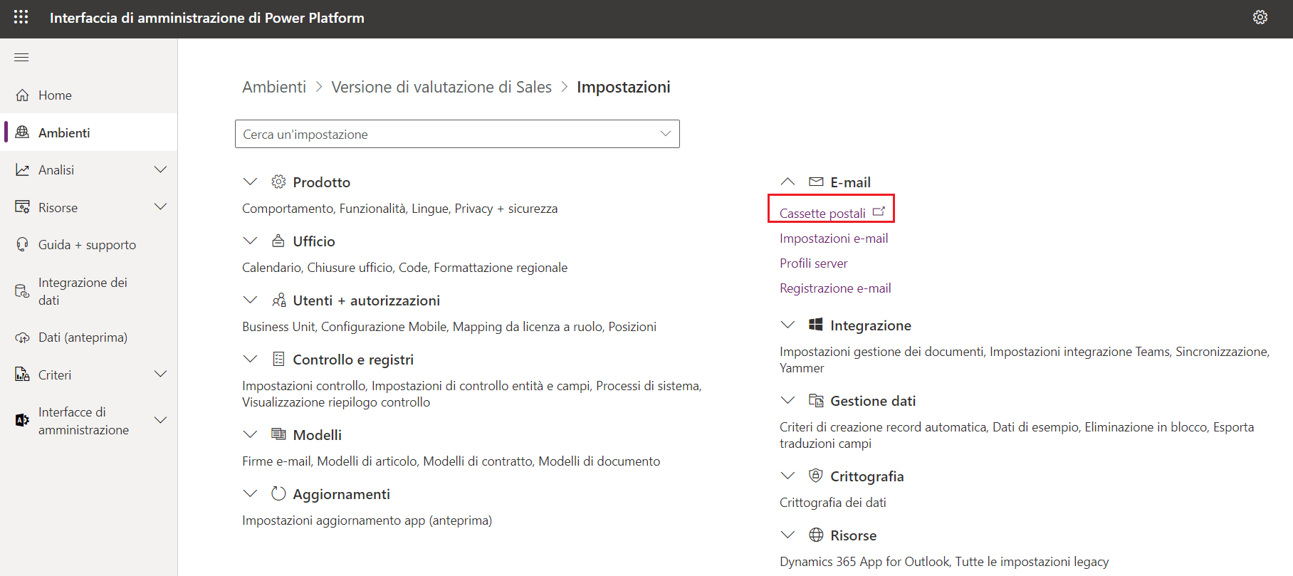 Screenshot che mostra la sezione Cassette postali in Impostazioni ambiente.